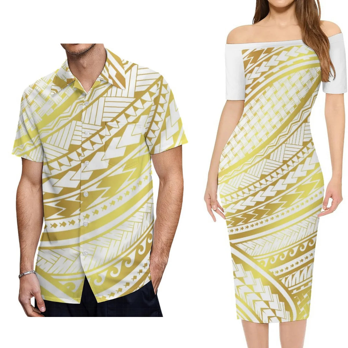 Yellow Polynesian Tribal Pattern Outfit For Couple Polynesian Island Off Shoulder Lady Short Sleeve Dress And Shirt Party Set