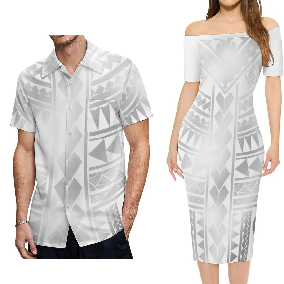 Polynesian Tribal Pattern Outfit For Couple White Polynesian Island Off Shoulder Lady Short Sleeve Dress And Shirt Party Set