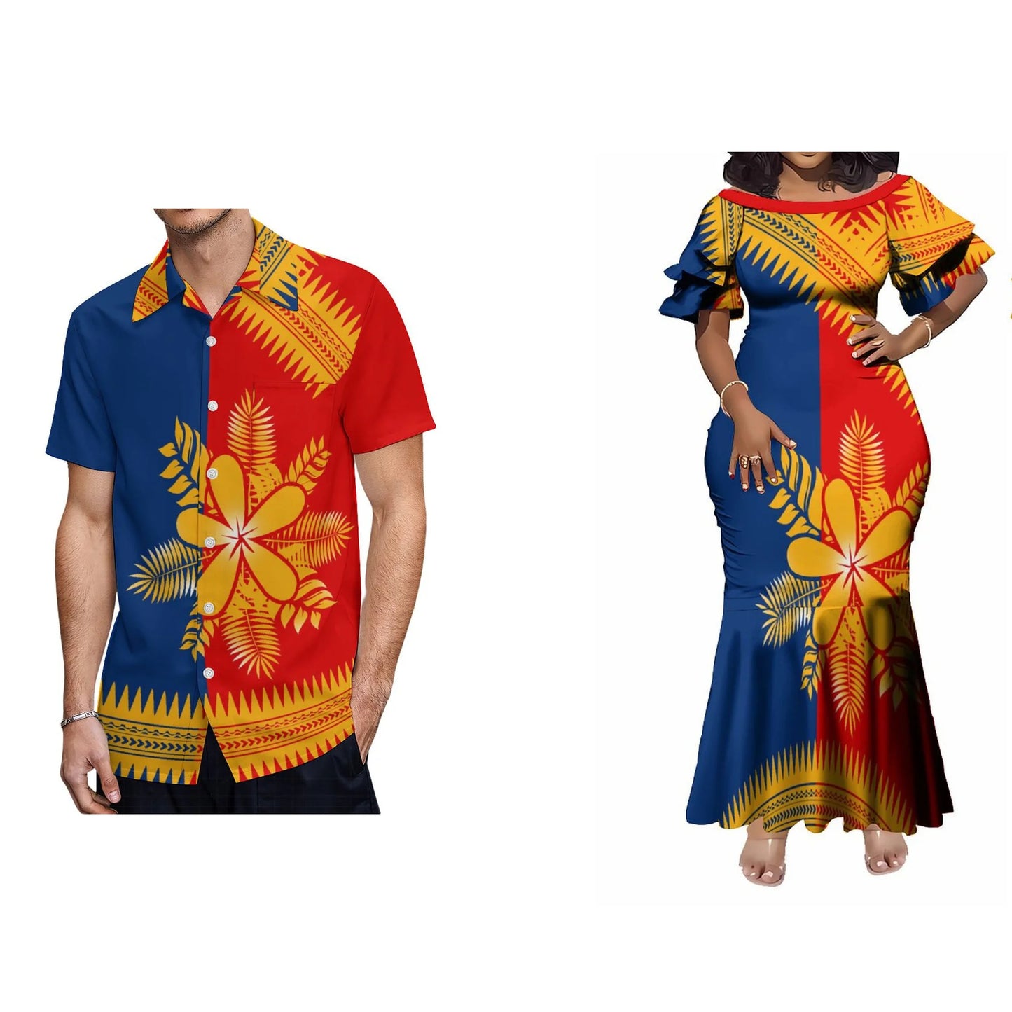 Polynesian Tribal Flowers Pattern Matching Outfit Women's Short-Sleeved Mermaid Dress Hawaiian Shirt Couple Set Half Style For Him Her