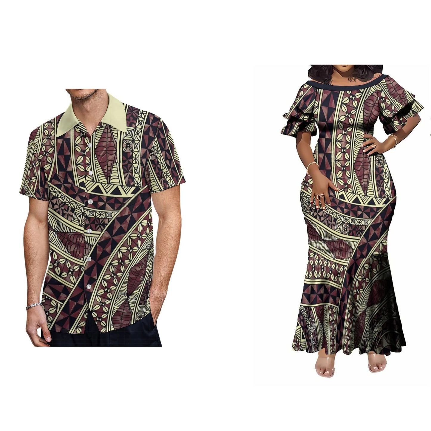 Polynesian Tribal Traditional Matching Outfit Women'S Short-Sleeved Mermaid Dress Men Hawaiian Shirt Couple Set