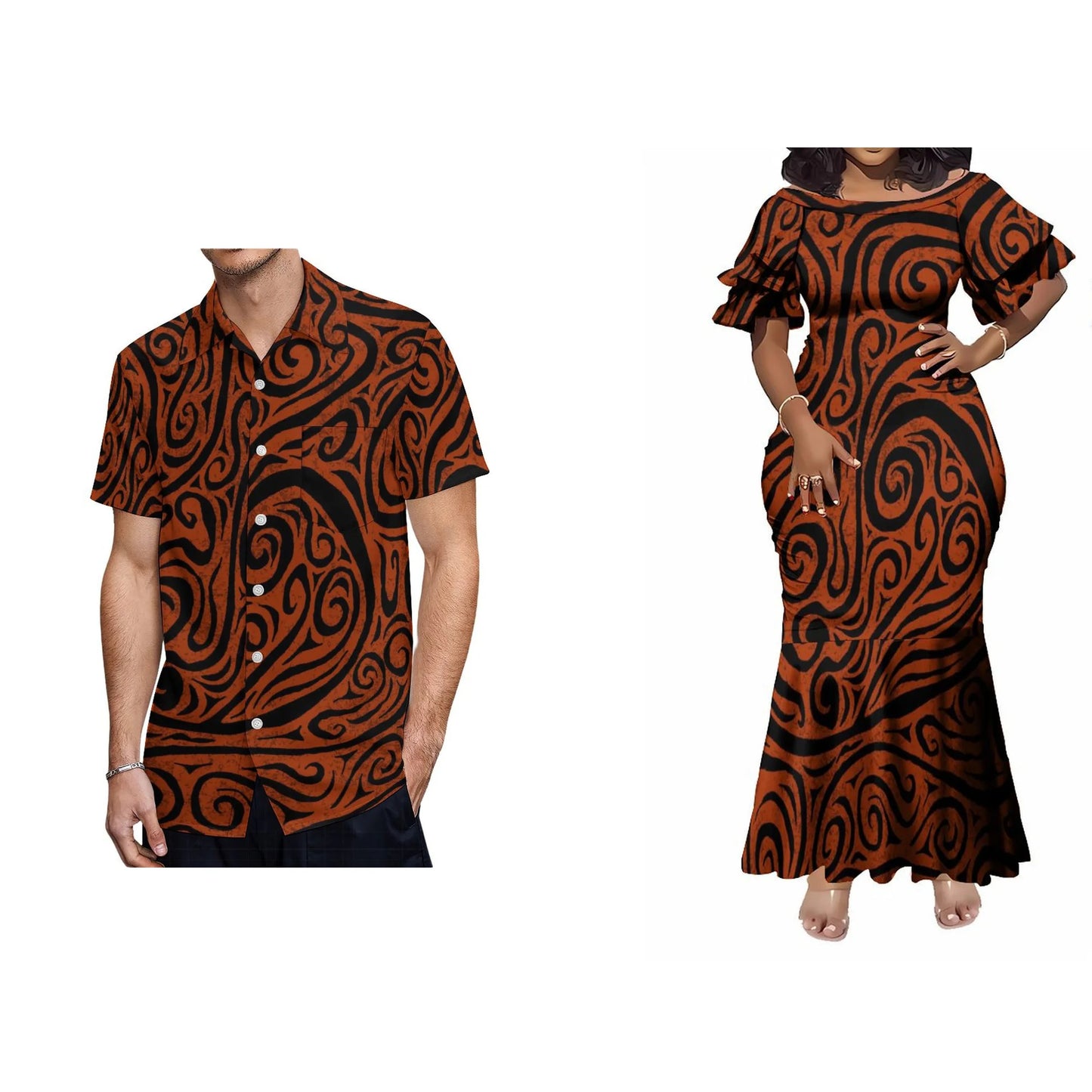 Polynesian Tribal Brown Matching Couple Wear Fishtail Skirt Dress And Hawaii Shirt Party Dress Outfit