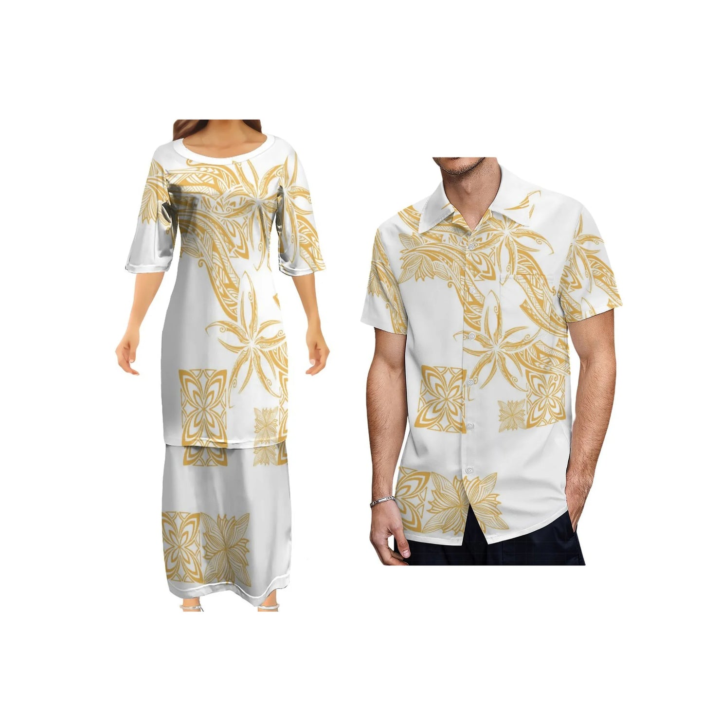 Yellow Plumeria Flowers Polynesian Traditional White Puletasi Dress Two-Piece Polynesian Tribal Matching Pair Outfit Matching Hawaiian Men's Shirt