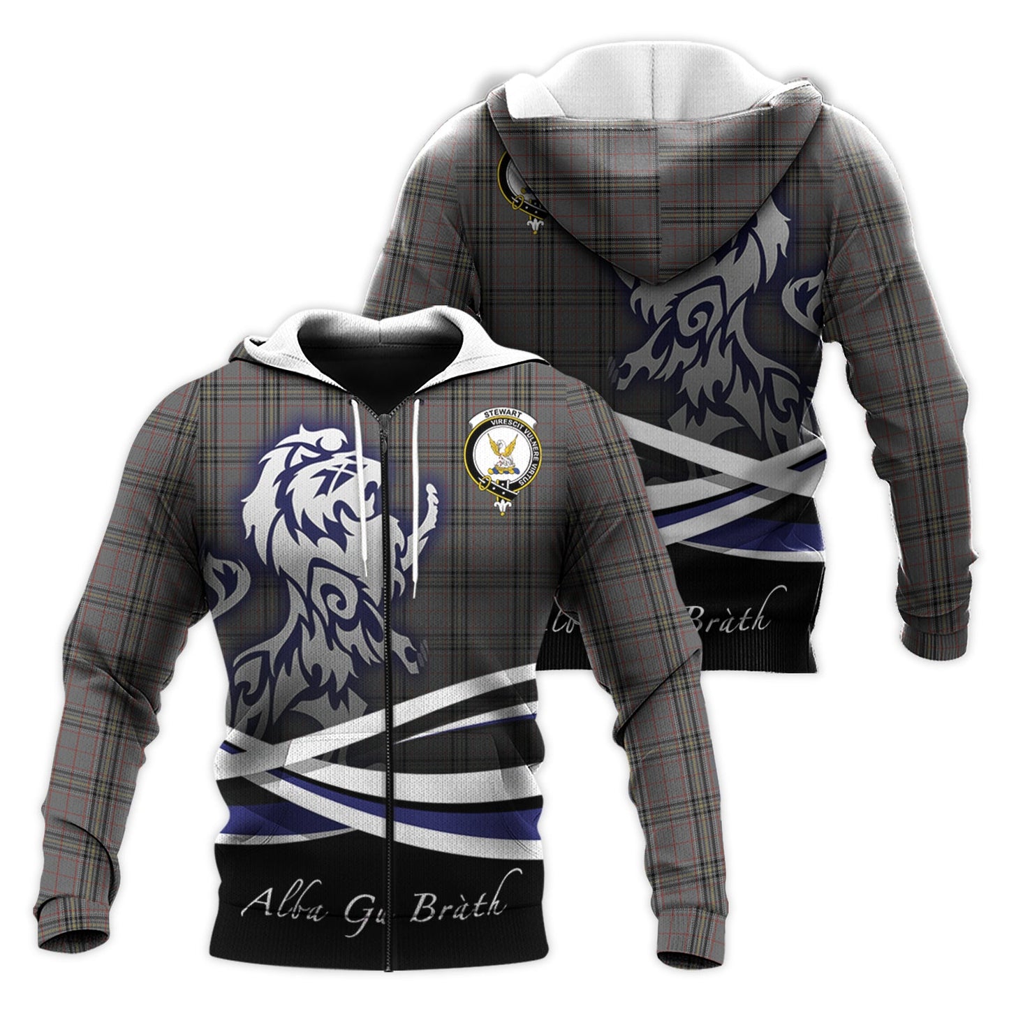 Printivon Stewart Grey Tartan Scottish Lion Hoodie