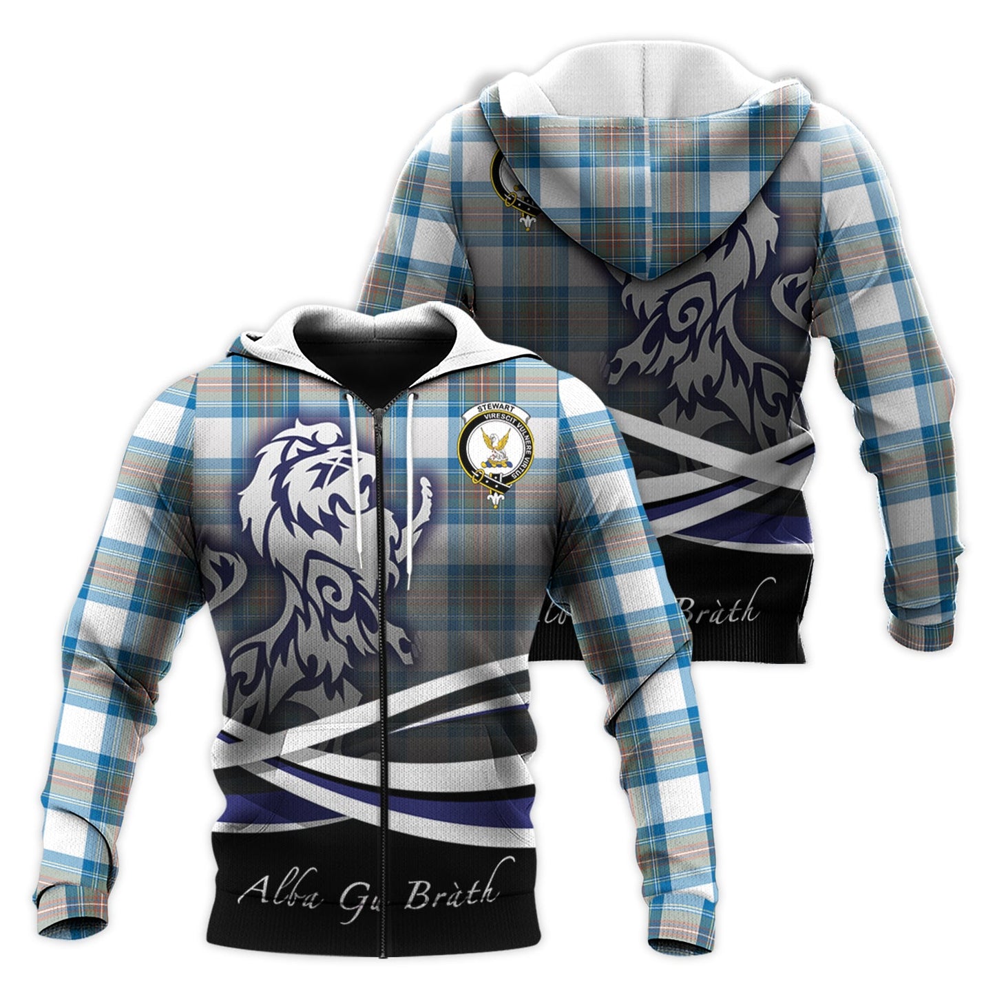 Printivon Stewart Muted Blue Tartan Scottish Lion Hoodie