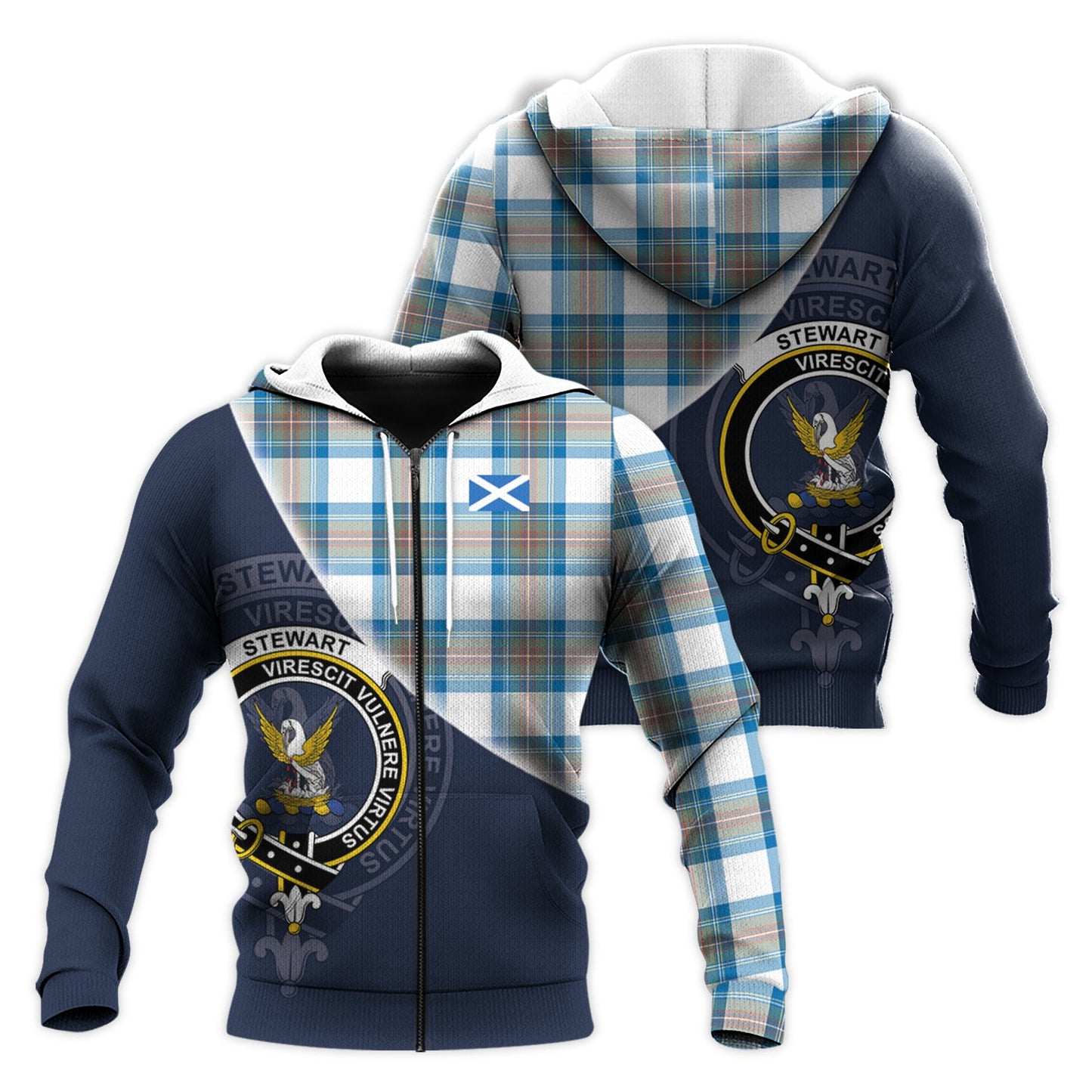 Printivon Stewart Muted Blue Tartan Scottish Crest Hoodie