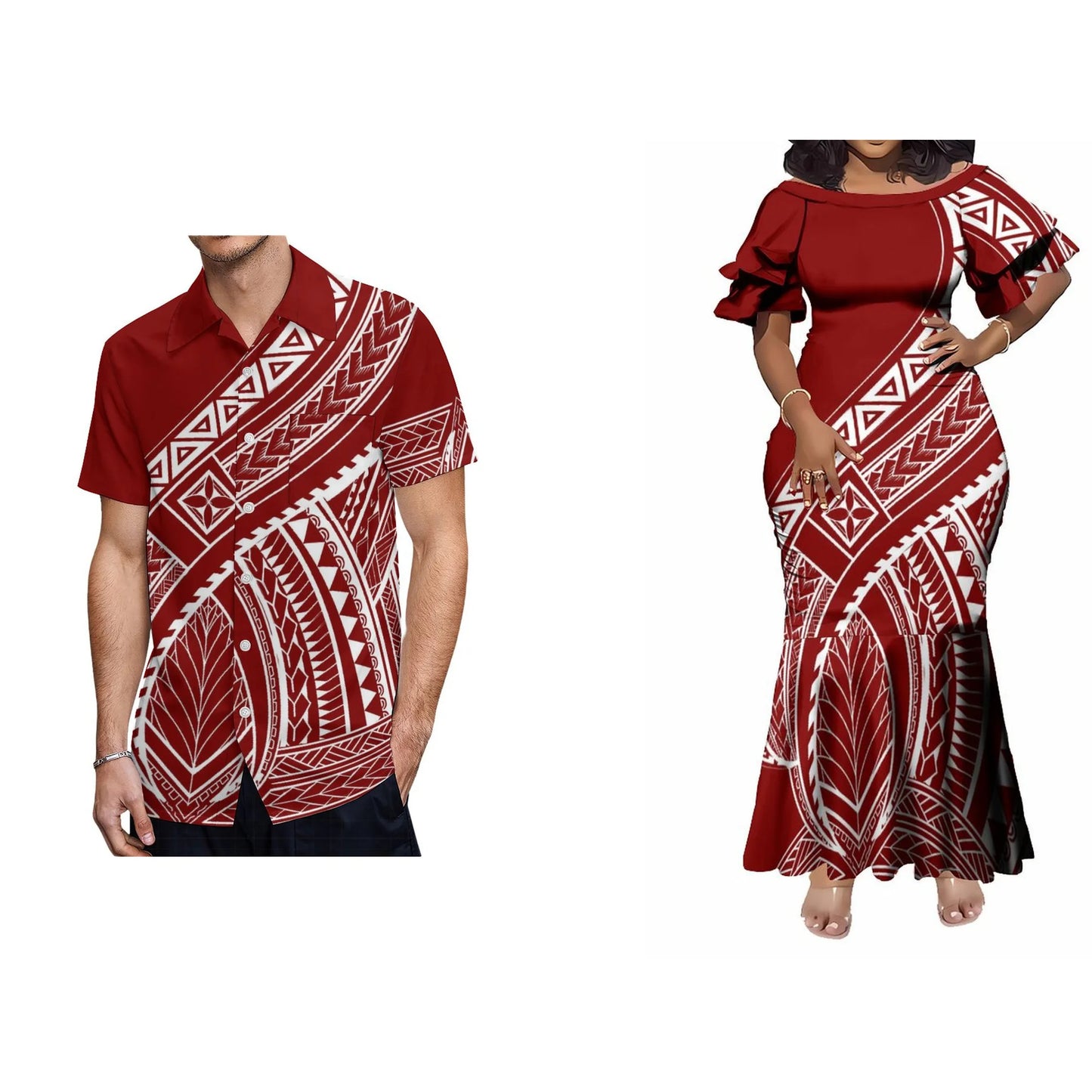 Pacific Island Fishtail Skirt Dress And Shirt Vintage Polynesian Tribal Red Matching Outfit For Couple