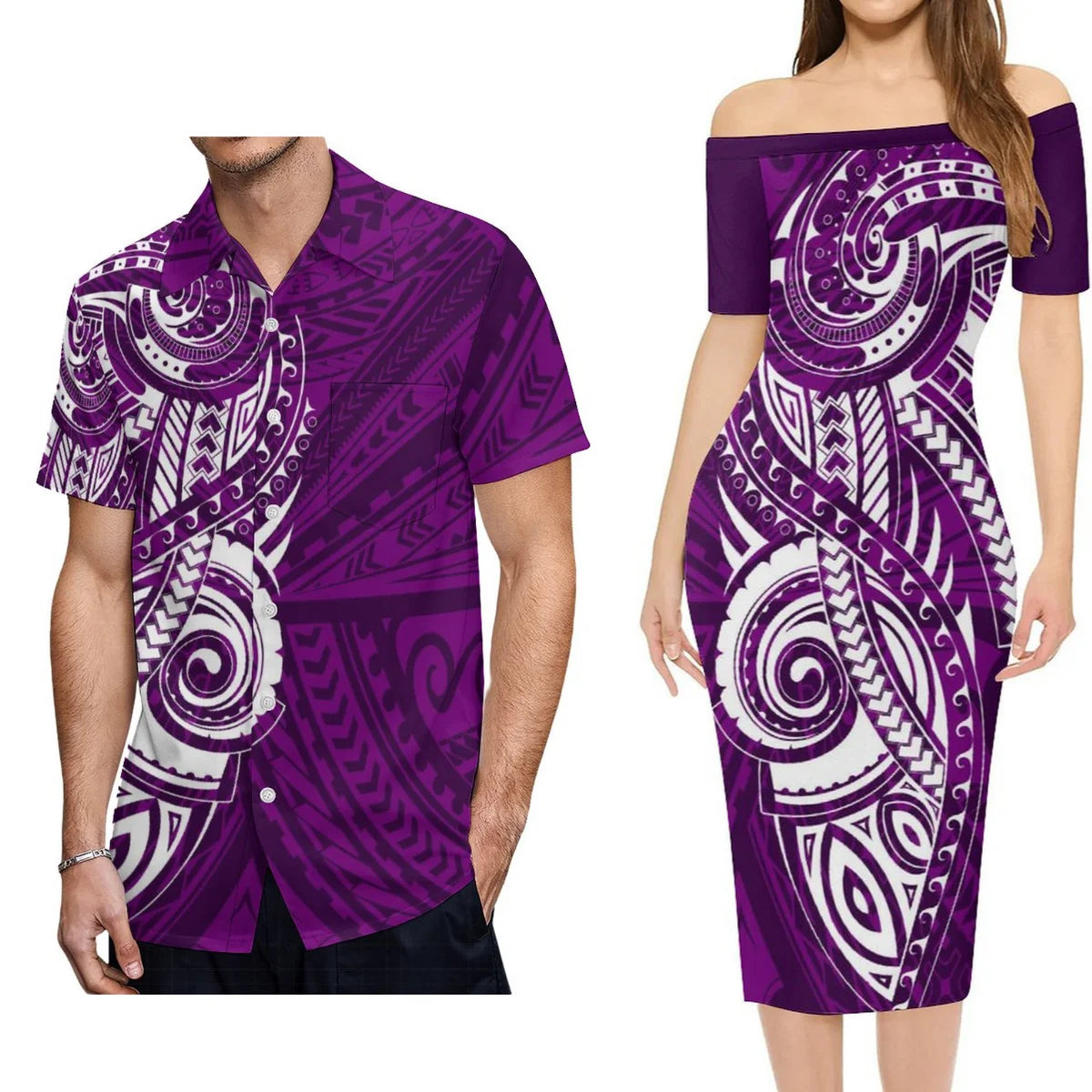 Polynesian Tribal Pattern Outfit For Couple Purple Polynesian Island Off Shoulder Lady Short Sleeve Dress And Shirt Party Set