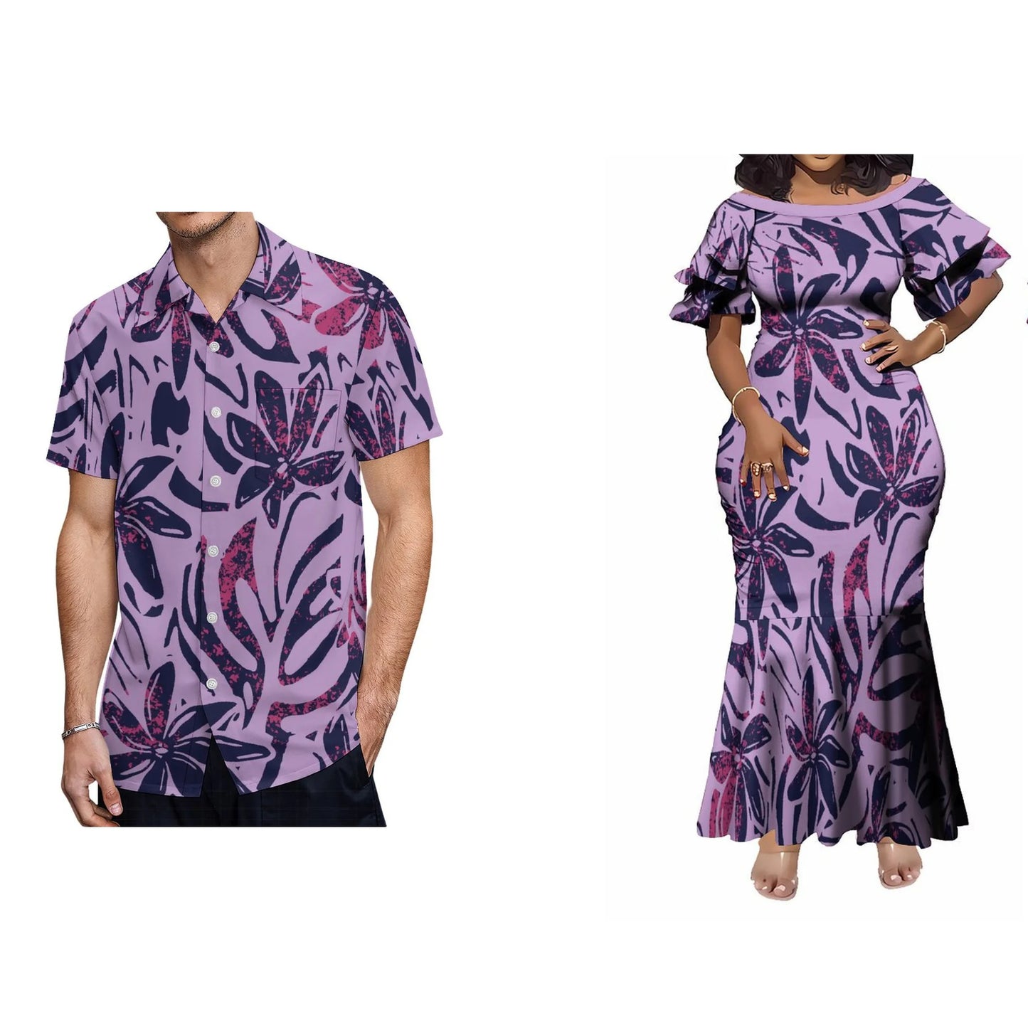 Polynesian Tribal Leaf Pattern Matching Outfit Women's Short-Sleeved Mermaid Dress Hawaiian Shirt Couple Set For Him Her