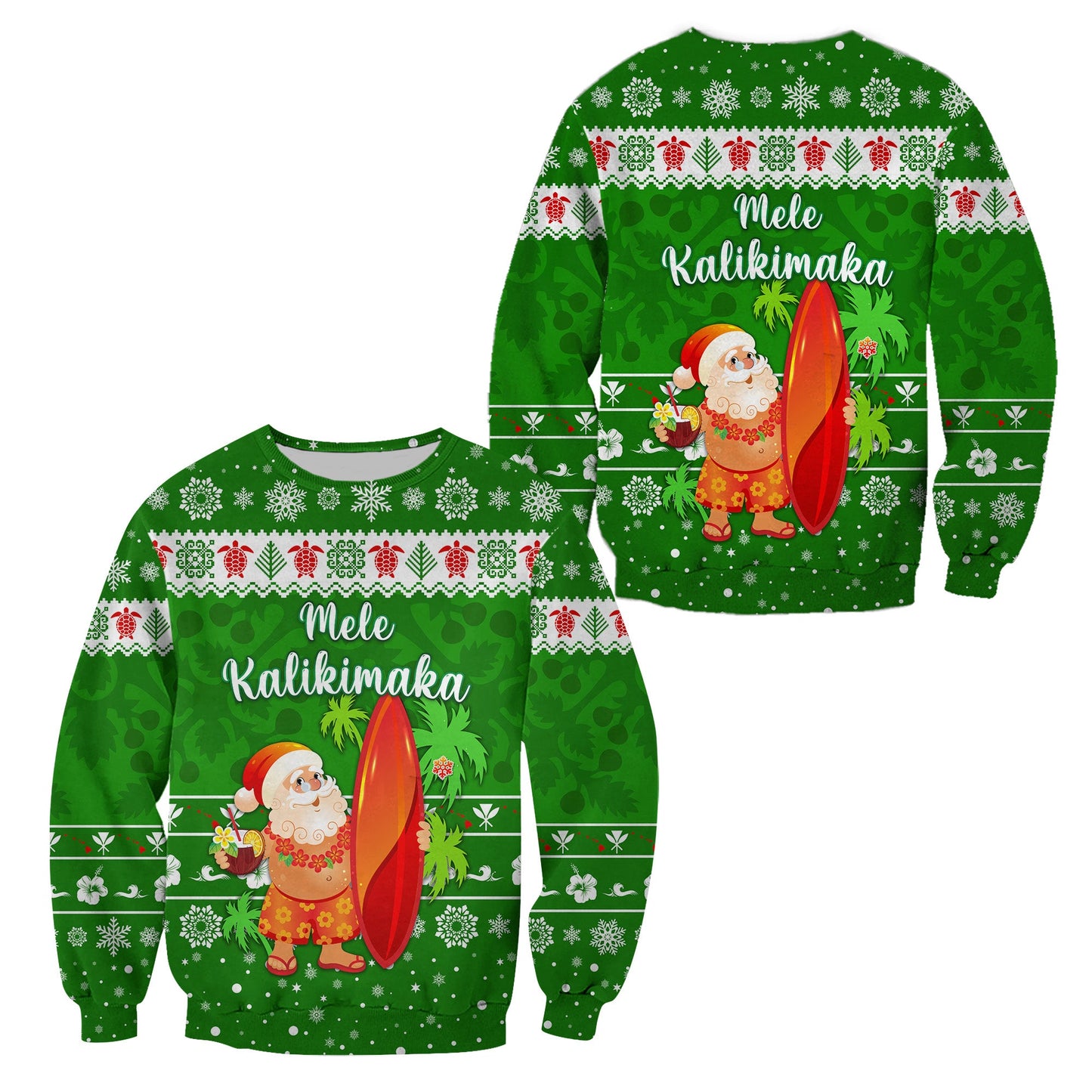 Hawaii Christmas Sweatshirt Santa Claus Surfing Simple Style Green