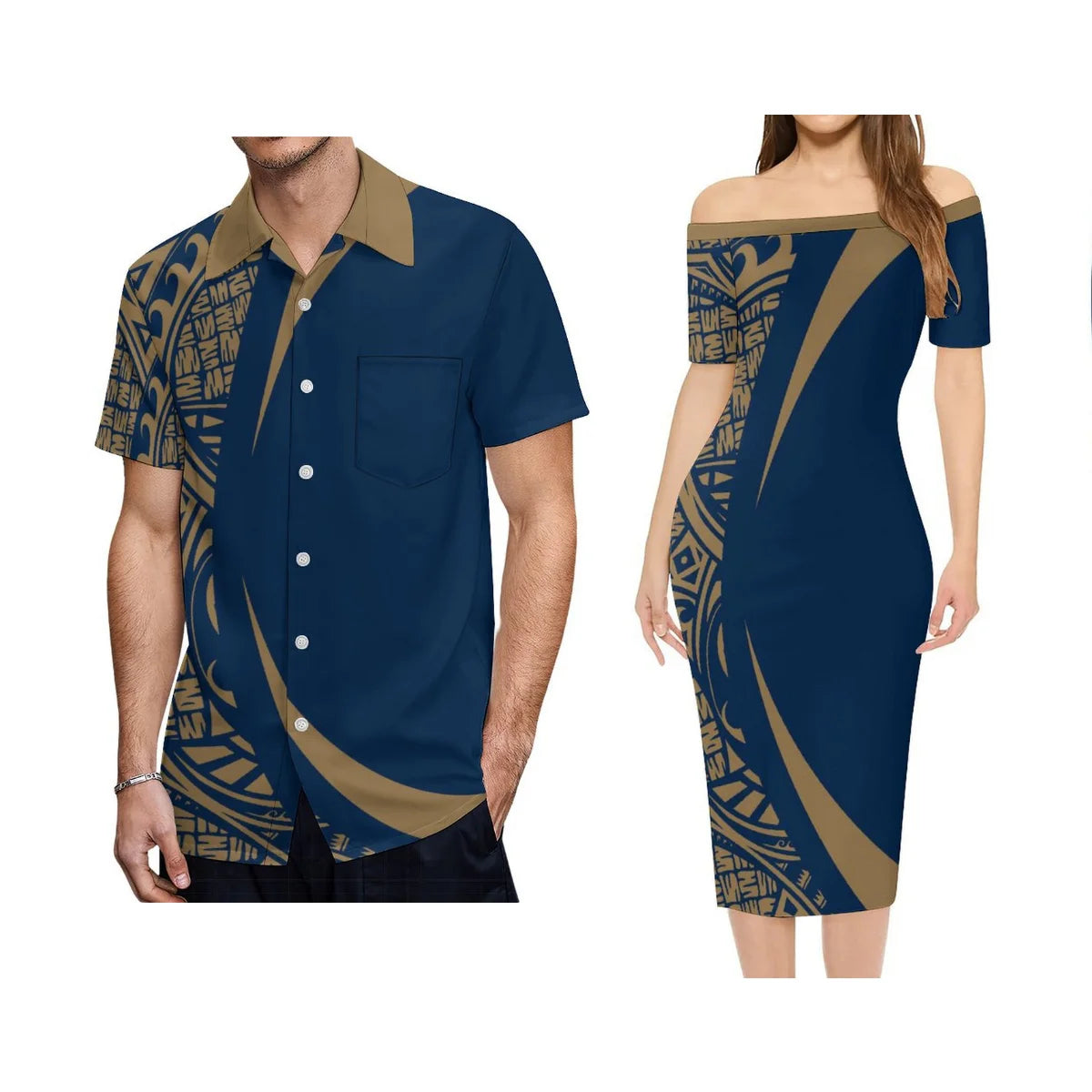 Polynesian Tribal Pattern Blue Outfit For Couple Curve Style Island Off Shoulder Lady Short Sleeve Dress And Men's Hawaiian Shirt