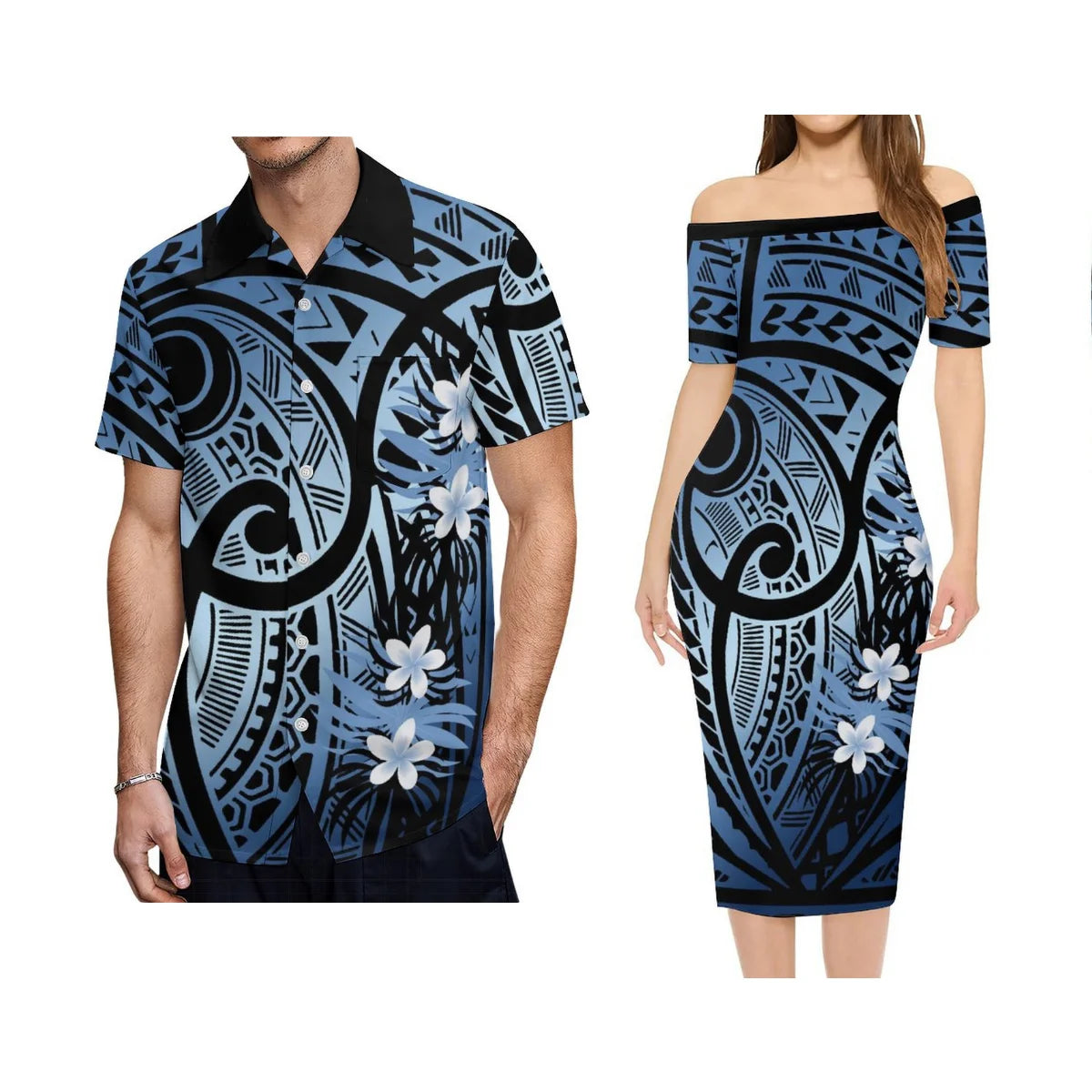 Polynesian Hibiscus Flowers Pattern Outfit For Couple Off Shoulder Lady Short Sleeve Dress And Men's Hawaiian Shirt
