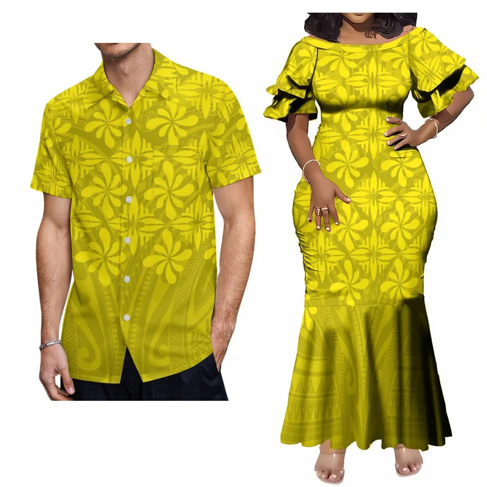 Polynesian Tribal Samoa Yellow Matching Outfit For Couple Island Women's Short-Sleeved Mermaid Long Dress Men Hawaii Shirt