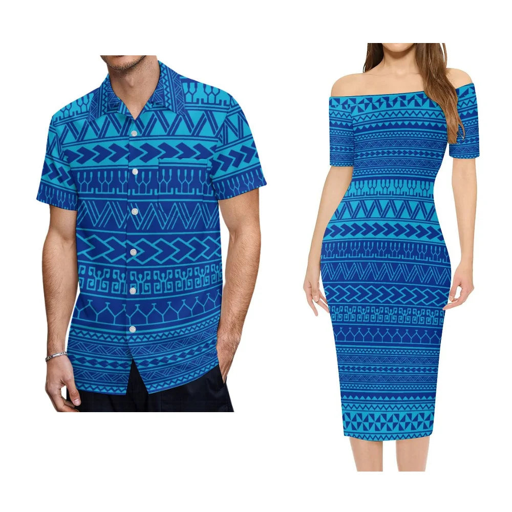 Polynesian Tribal Pattern Blue Outfit For Couple Polynesian Island Off Shoulder Lady Short Sleeve Dress And Men's Hawaiian Shirt For Her Him