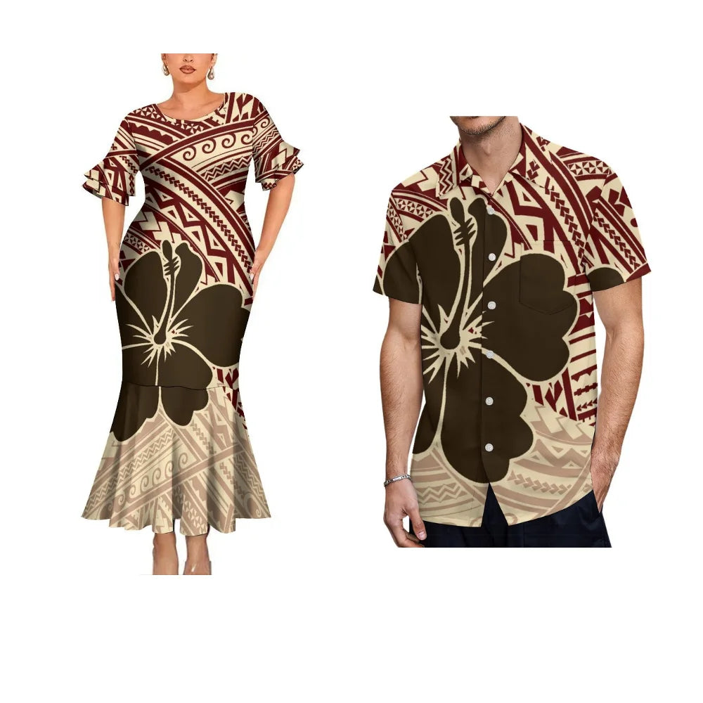 Summer Polynesian Traditional Flowers Matching Outfit For Coupler Polynesian Tribal Pattern Fishtail Dress And Hawaiian Shirt