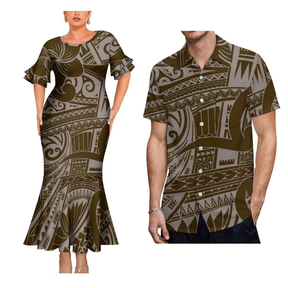 Vintage Polynesian Tribal Pattern Traditional Matching Outfit For Coupler Party Island Fishtail Dress And Hawaiian Shirt For Him Her