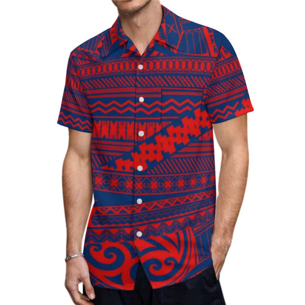 Polynesian Traditional Printed Island Red Pattern Fishtail Dress And Hawaiian Shirt Matching Outfit For Couple Set For Him Her