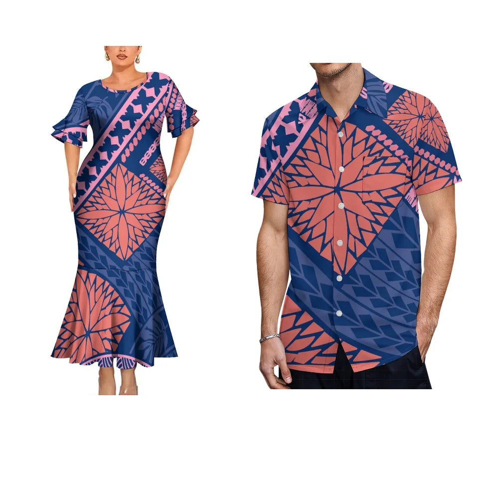Geometric Pattern Polynesian Tribal Matching Outfit For Her Him Fishtail Skirt Dress And Hawaiian Shirt Couple Set