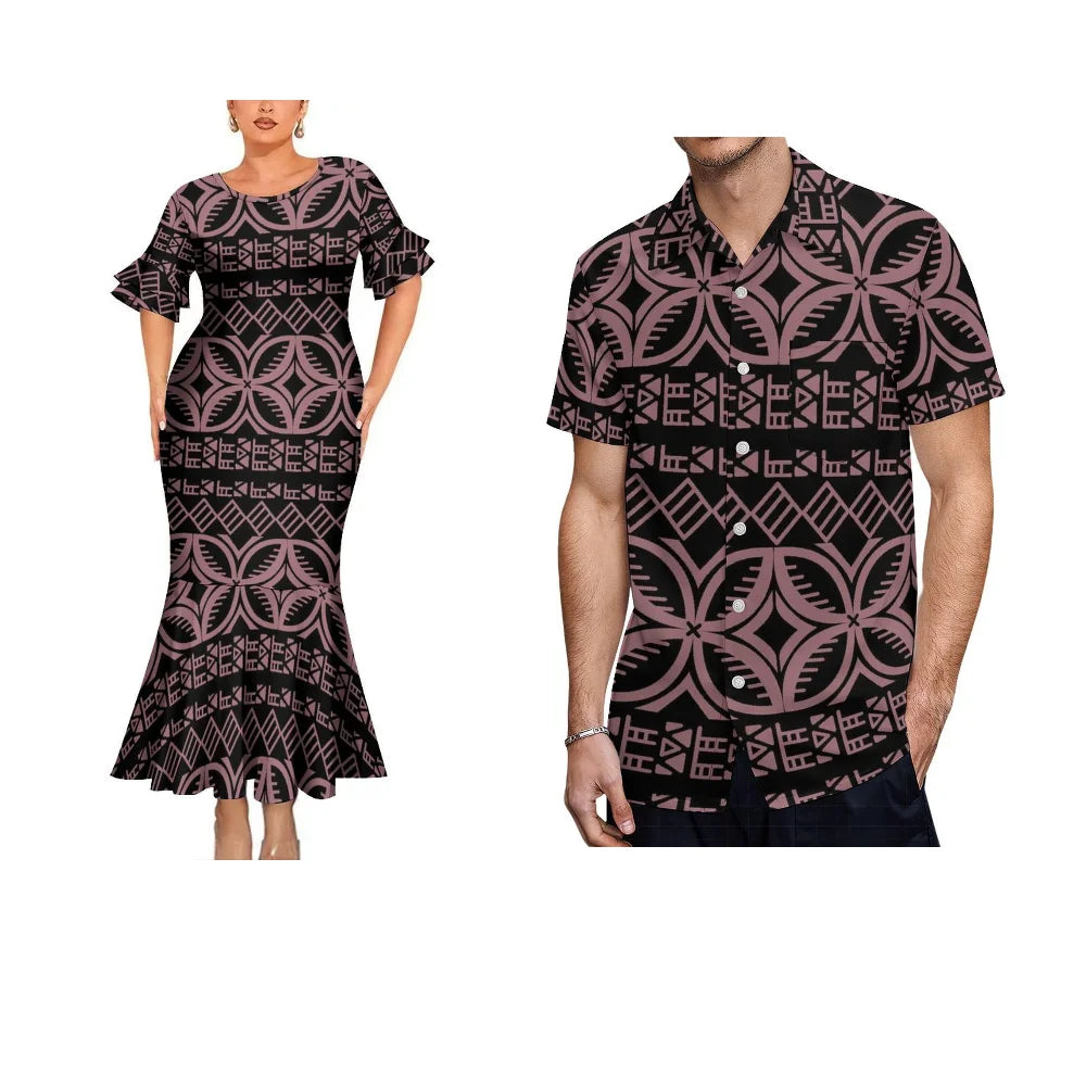 Geometric Pattern Polynesian Tribal Black Matching Outfit For Her Him Fishtail Skirt Dress And Hawaiian Shirt Couple Set