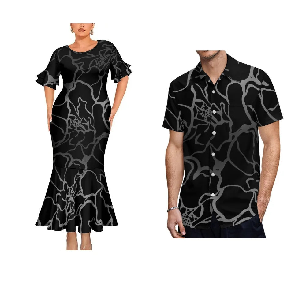 Summer Polynesian Black Matching Outfit For Coupler Polynesian Tribal Pattern Fishtail Dress And Hawaiian Shirt