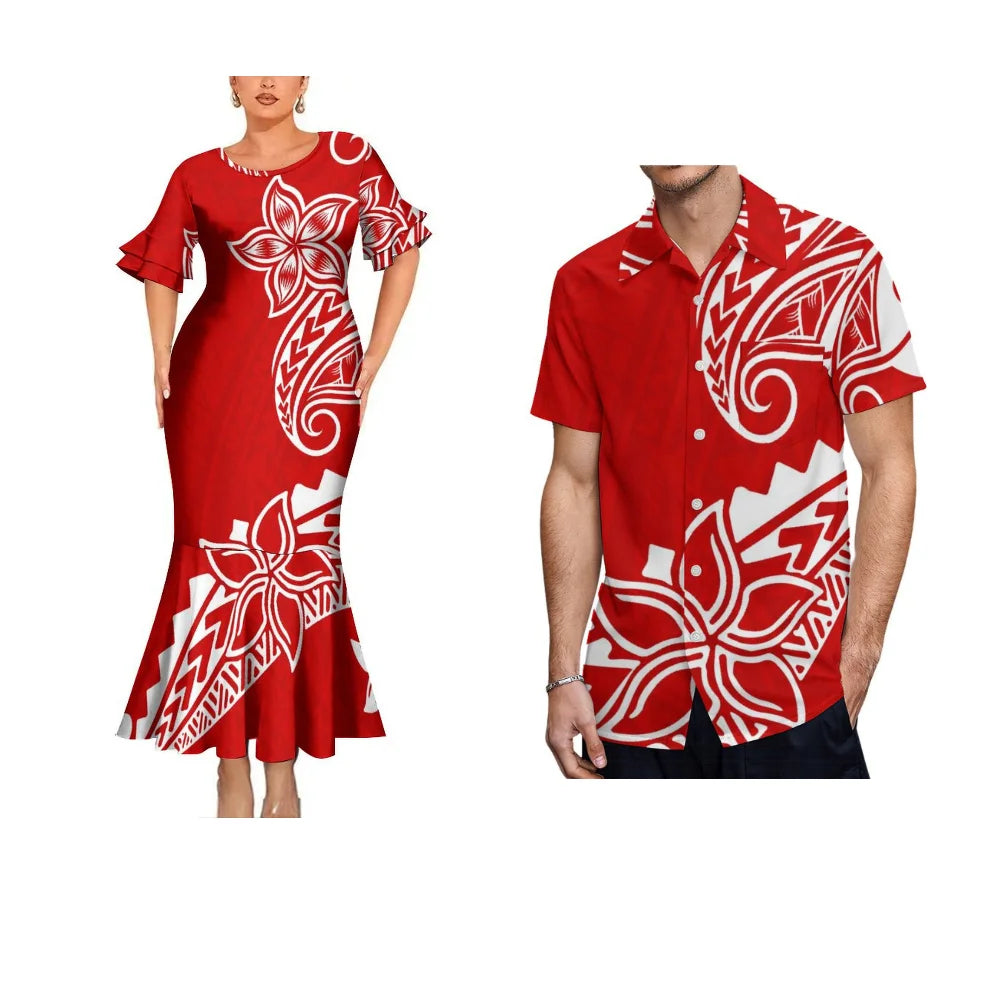 Summer Polynesian Traditional Flowers Red Matching Outfit For Coupler Polynesian Tribal Pattern Fishtail Dress And Hawaiian Shirt