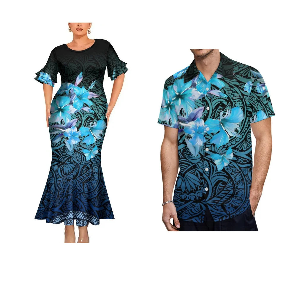 Summer Polynesian Traditional Flowers Blue Matching Outfit For Coupler Polynesian Tribal Pattern Fishtail Dress And Hawaiian Shirt