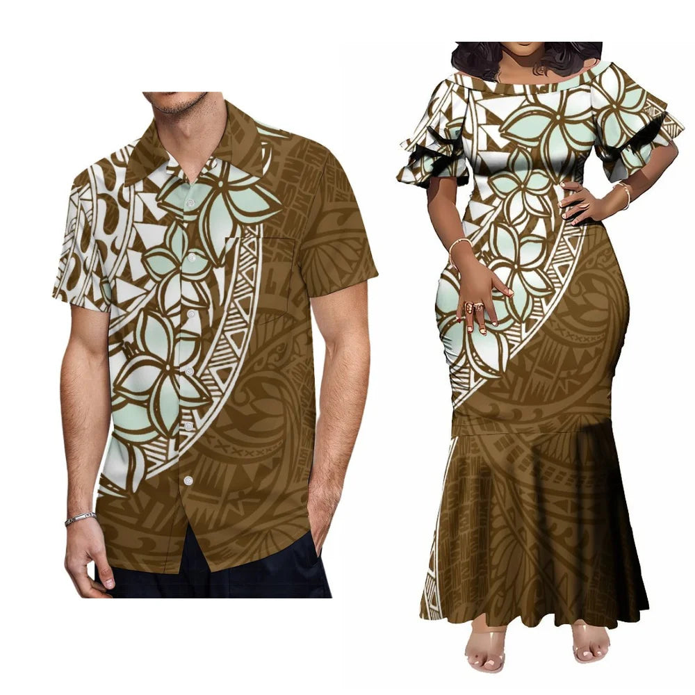 Polynesian Tribal Samoan Flowers Pattern Couple Set For Her Him Tropical Short-Sleeved Fishtail Dress And Hawaiian Shirt