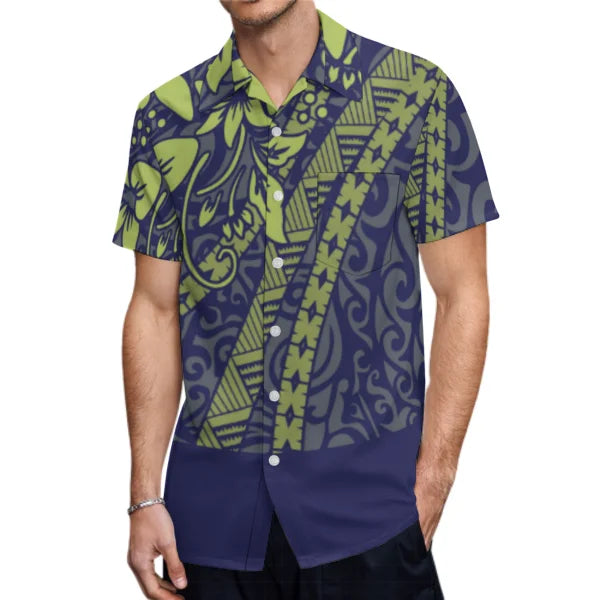 Polynesian Printed Blue Matching Outfit For Couple Clothing Tropical Fishtail Dress And Shirt For Her Him