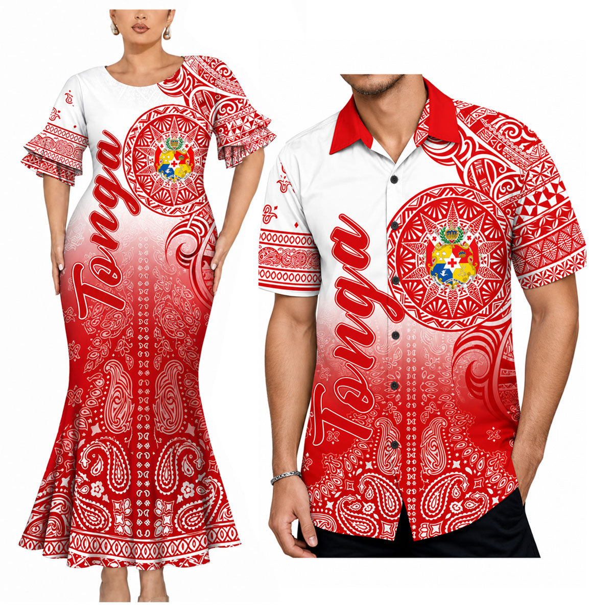 Tonga Coat Of Arms Matching Outfit Paisley Pattern Mermaid Dress And Shirt