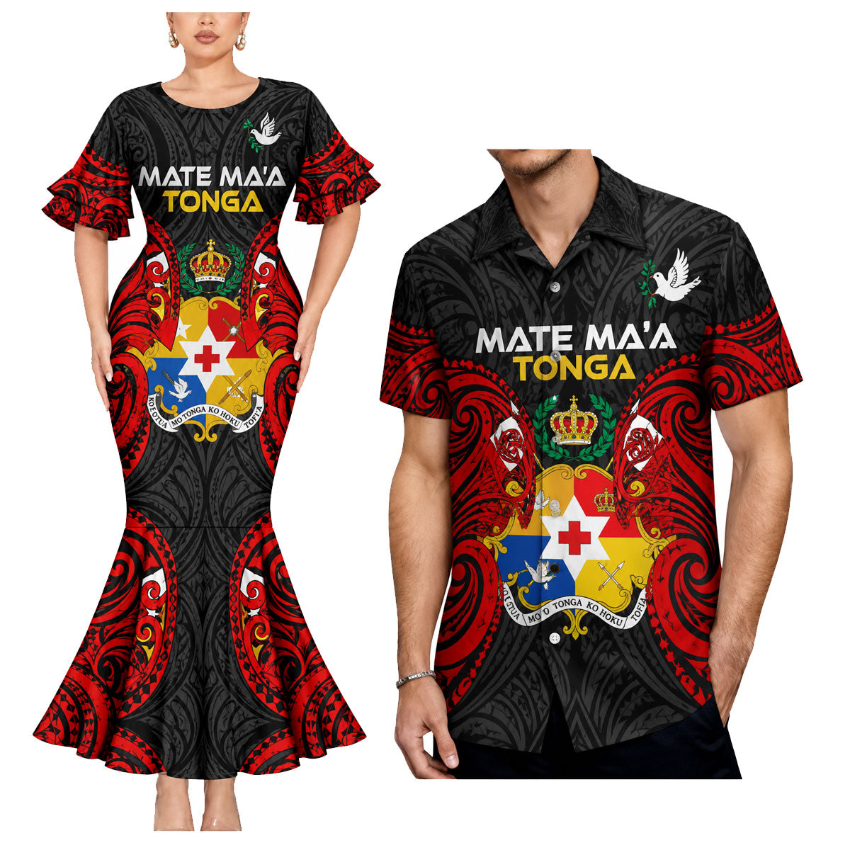 Tonga Coat Of Arms Matching Outfit Mate MA'A Tonga Pattern Mermaid Dress And Shirt