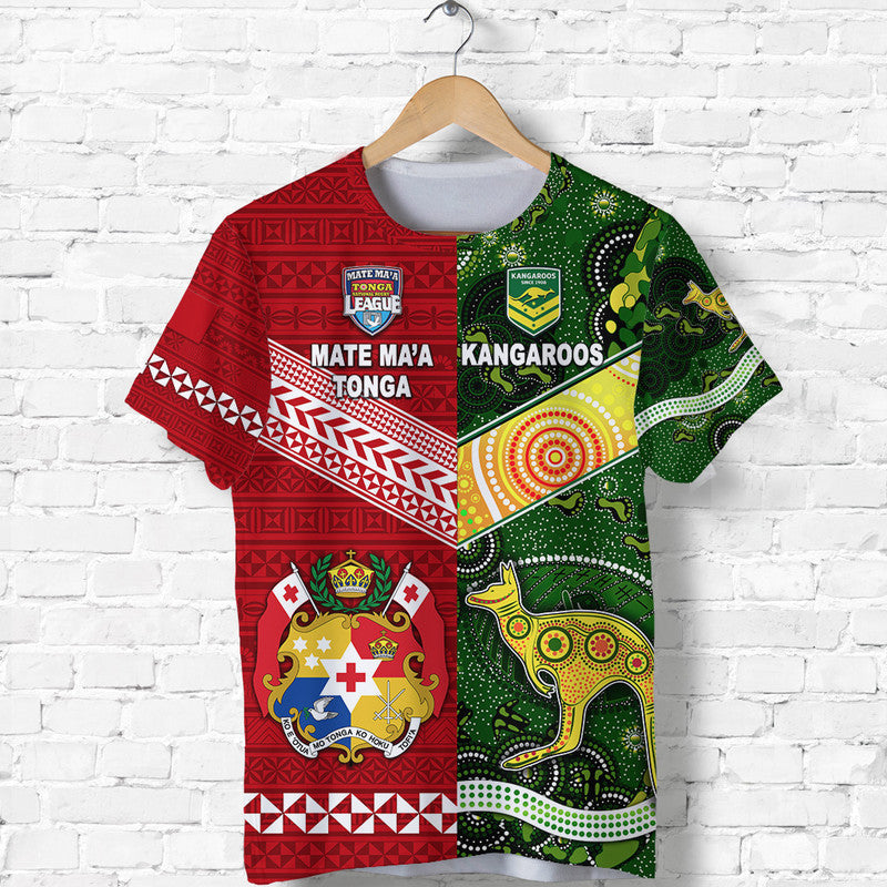 Mate Ma'A Tonga Ngatu And Australia Kangaroos Aboriginal T Shirt Rugby Together