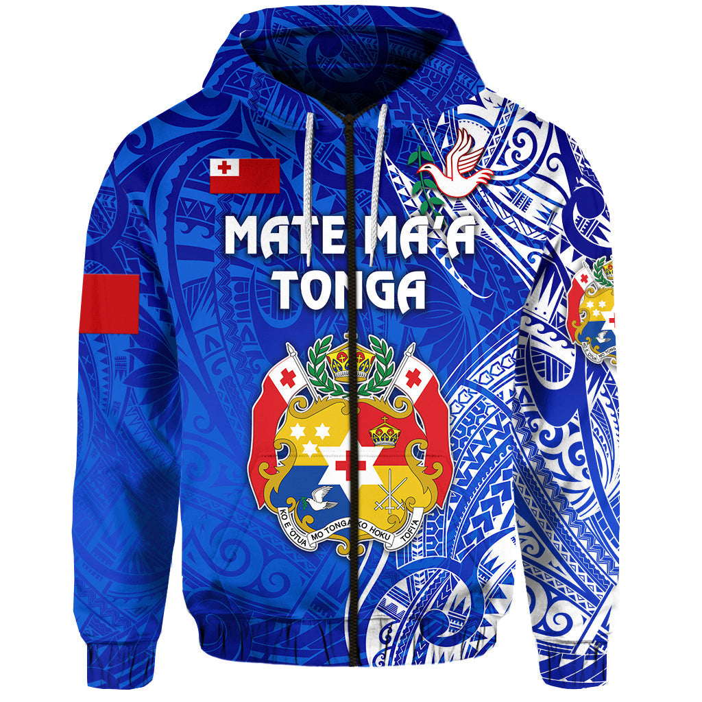 ( Personalised) Tonga Coat Of Arms Zip Hoodie Simple Vibes Blue, Text And Number