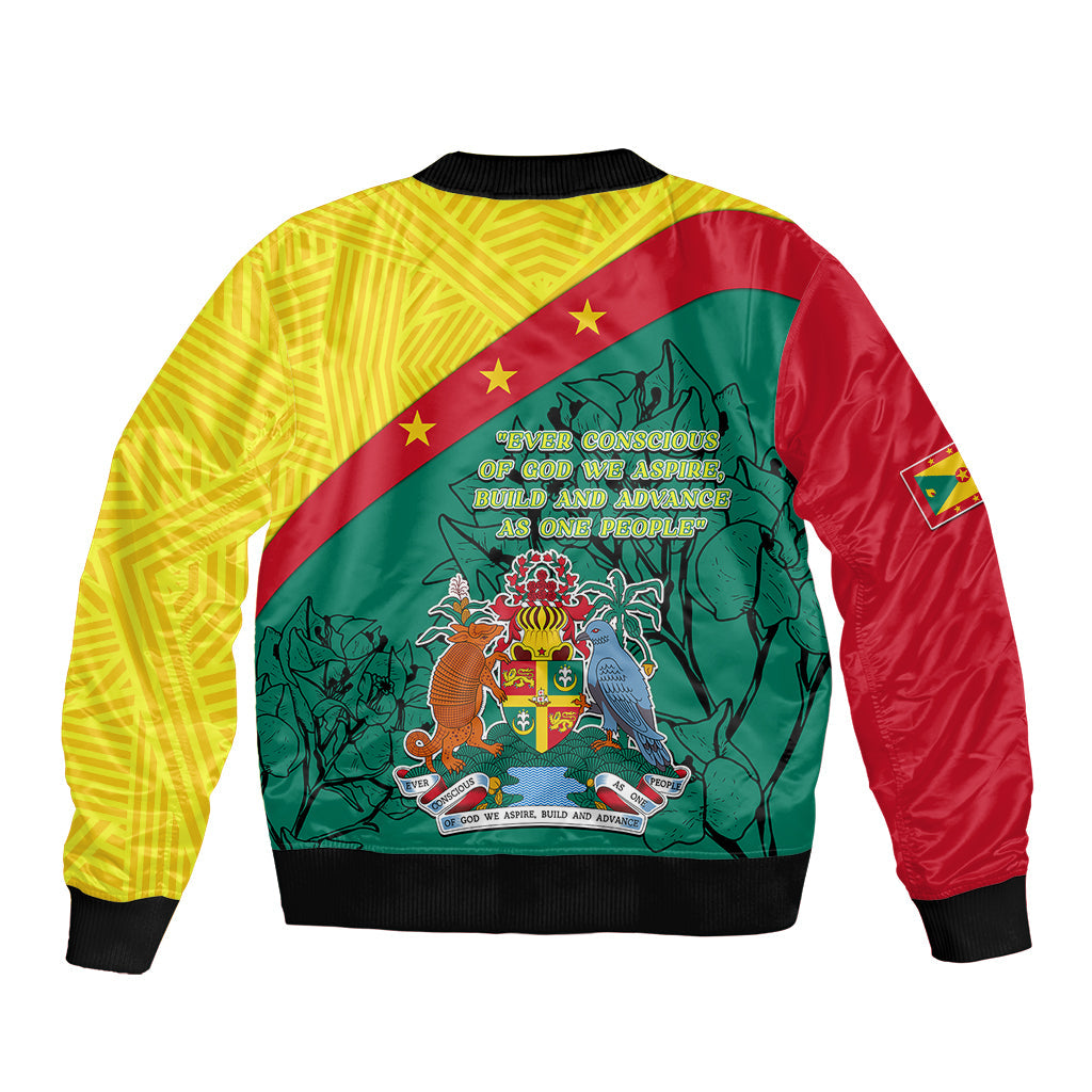 Grenada Sleeve Zip Bomber Jacket Coat Of Arms With Bougainvillea Flowers