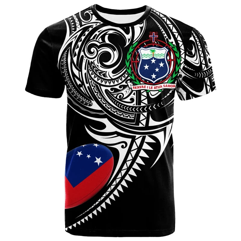 Samoa Coat Of Arms T - Shirt - Polynesian Tribal Patterns Samoa Flag Rugby Ball Shirt