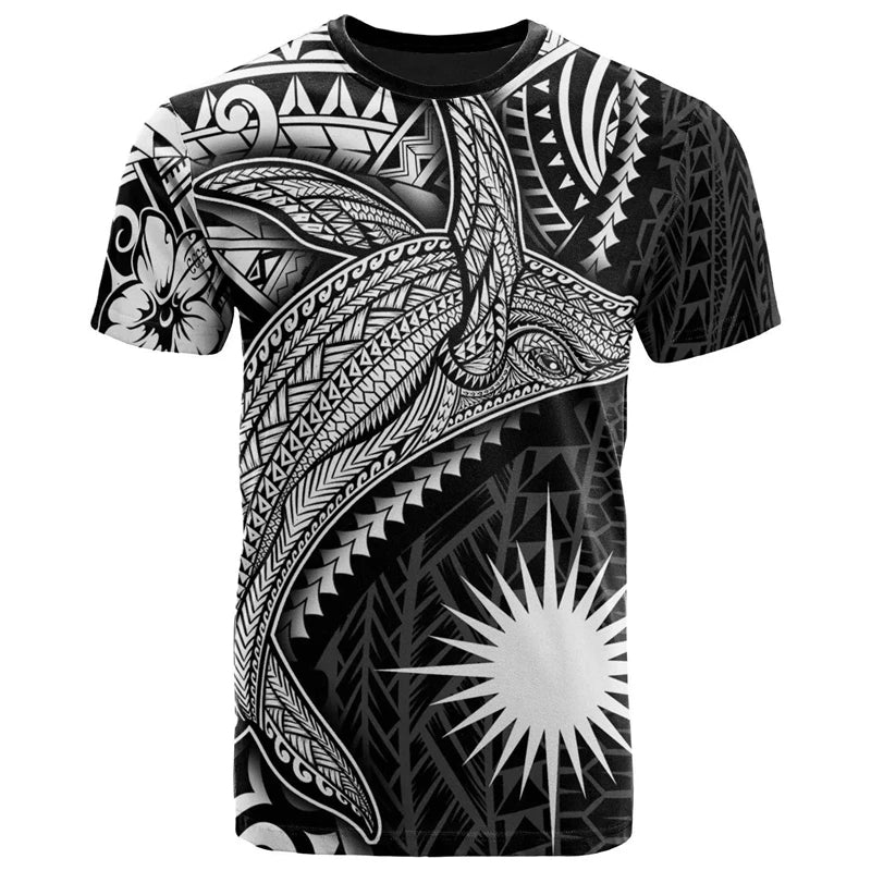 Marshall Islands T Shirt Polynesian Tribal Hammershark Pattern Printed Black Shirt