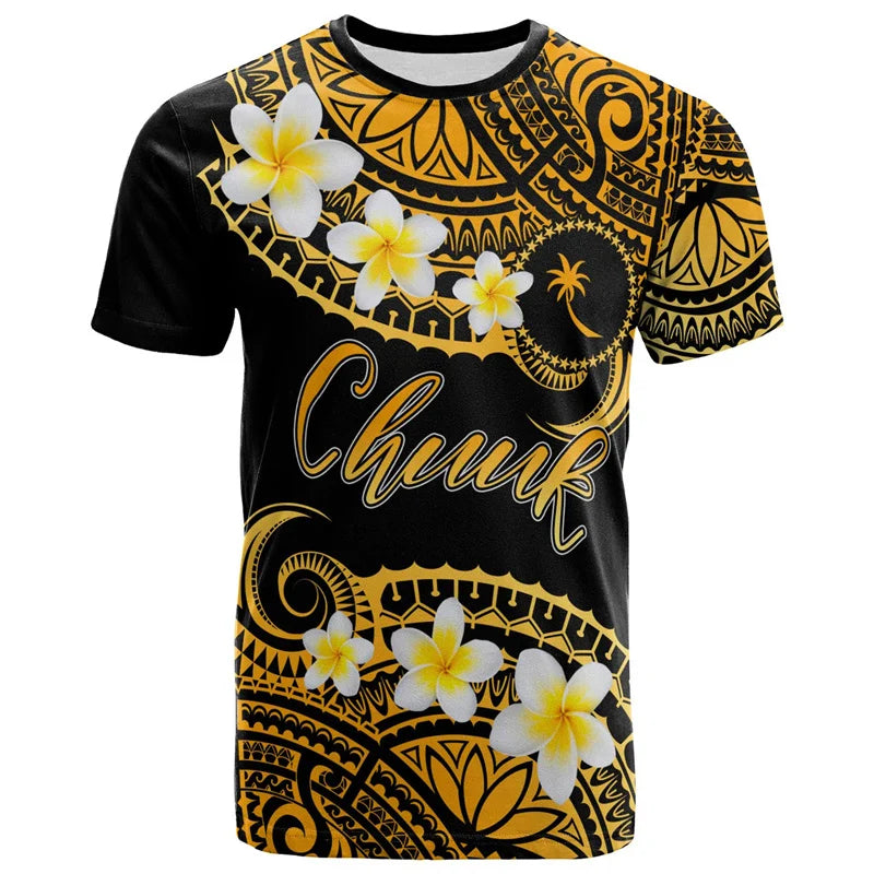Chuuk Micronesia T Shirt Polynesian Tribal Pattern Plumeria Flowers Island Tropical Printed Shirt