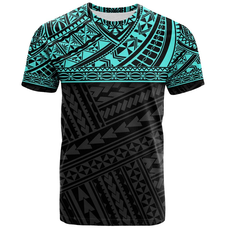 Hibiscus Hawaii T-Shirt Polynesian Tribal Pattern Half Style Printed Turquoise Shirt