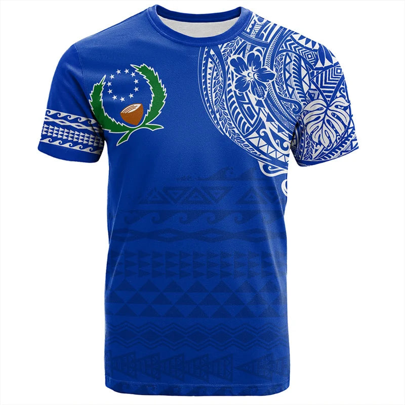 Pohnpei Coat Of Arms Micronesia T - Shirt - Island Flowers Polynesian Tribal Patterns Blue Shirt