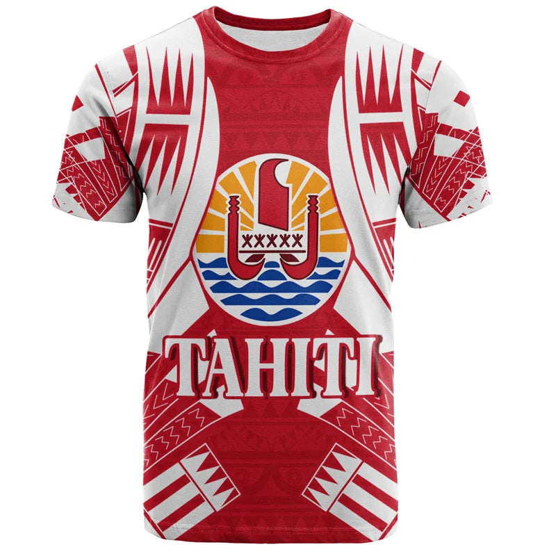 Tahiti Coat Of Arms Printed T Shirt Polynesian Tribal Pattern Tropical Red Shirt