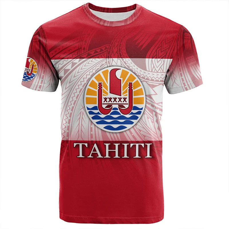 Tahiti Coat Of Arms T Shirt Polynesian Tribal Pattern Tropical Red Printed Shirt