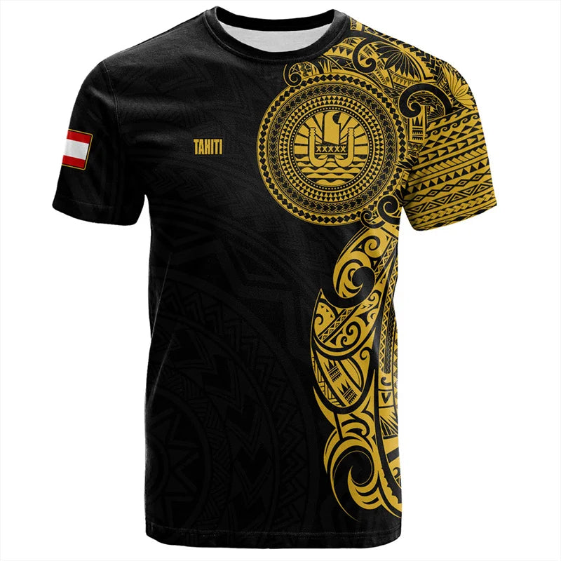 Tahiti T Shirt Yellow Polynesian Tribal Pattern Tropical Printed Shirt