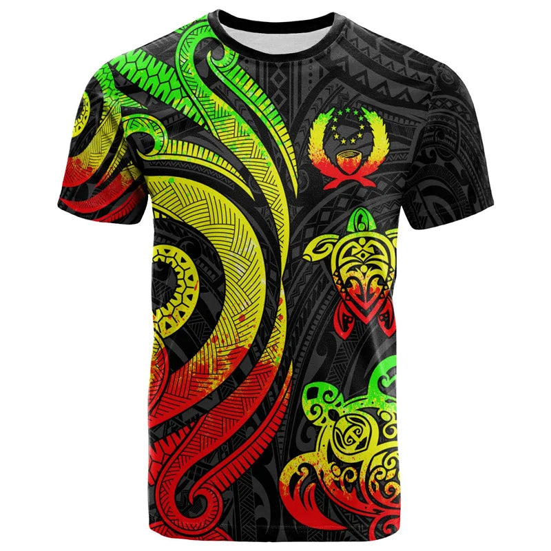 3D Pohnpei Coat Of Arms T Shirt Polynesian Culture Tribal Sea Turtle Pattern Island Reggae Shirt