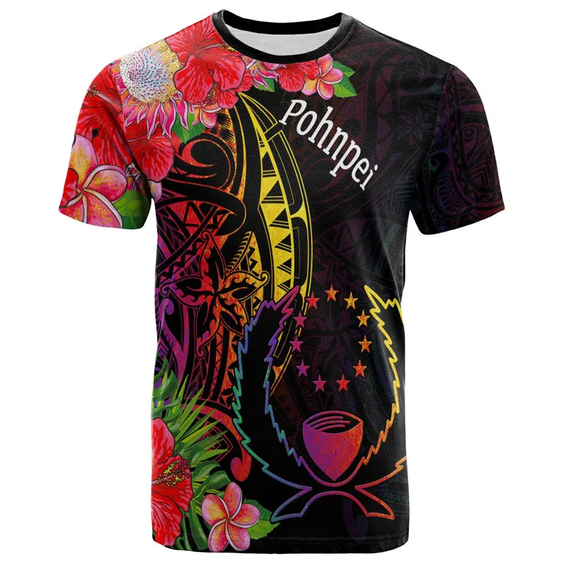 3D Pohnpei T Shirt Polynesian Culture Tribal Island Retro Tattoo Flowers Pattern Shirt