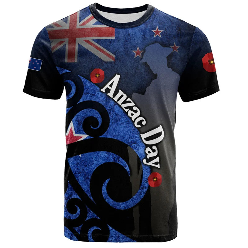 New Zealand Flag T Shirt Soldier Silihouette Anzac Day Printed Shirt