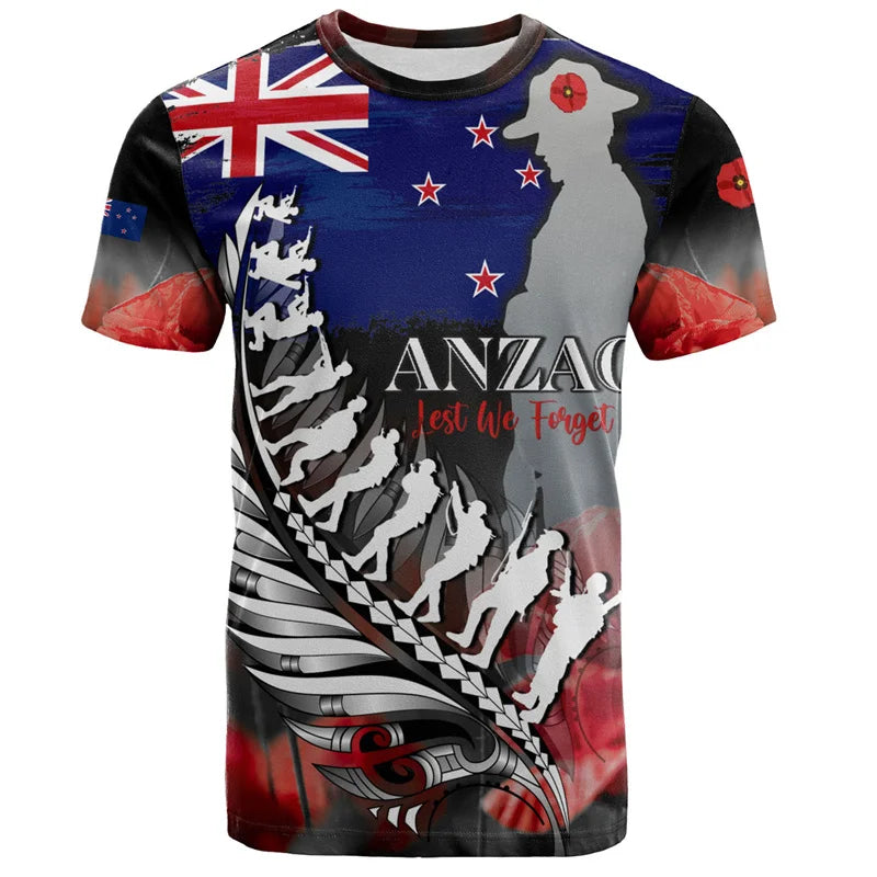 New Zealand Flag T Shirt Fern Anzac Day Lest We Forget Printed Shirt