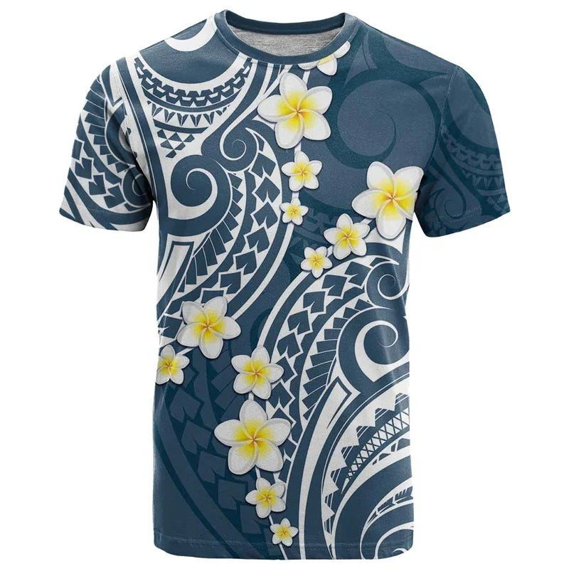 Plumeria Polynesian Triabl T - Shirt Island Flowers Polynesian Tropical Blue Shirt