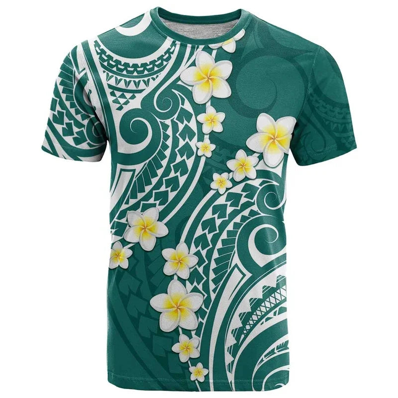 Plumeria Polynesian Triabl T - Shirt Island Flowers Polynesian Tropical Green Shirt