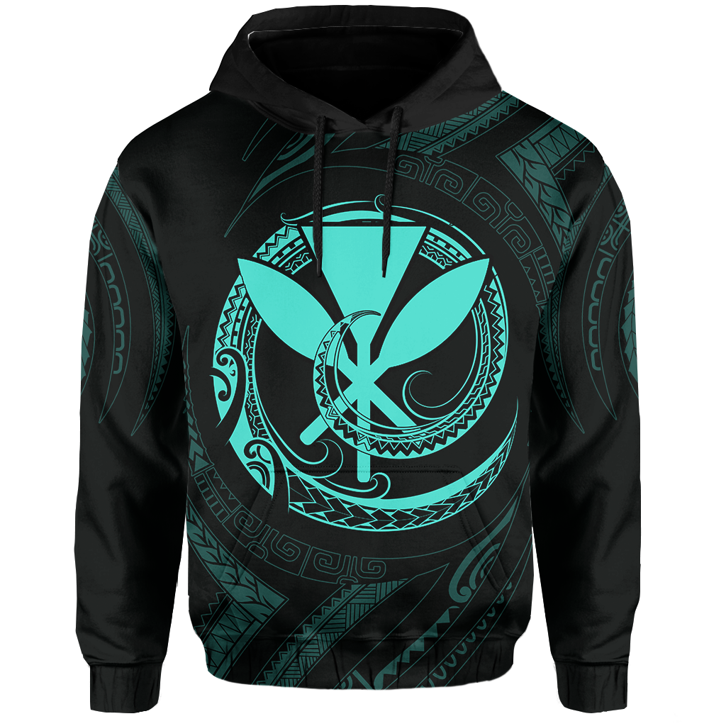 Polynesian Kanaka Shaka Map Of Hawaii Hoodie Turquoise