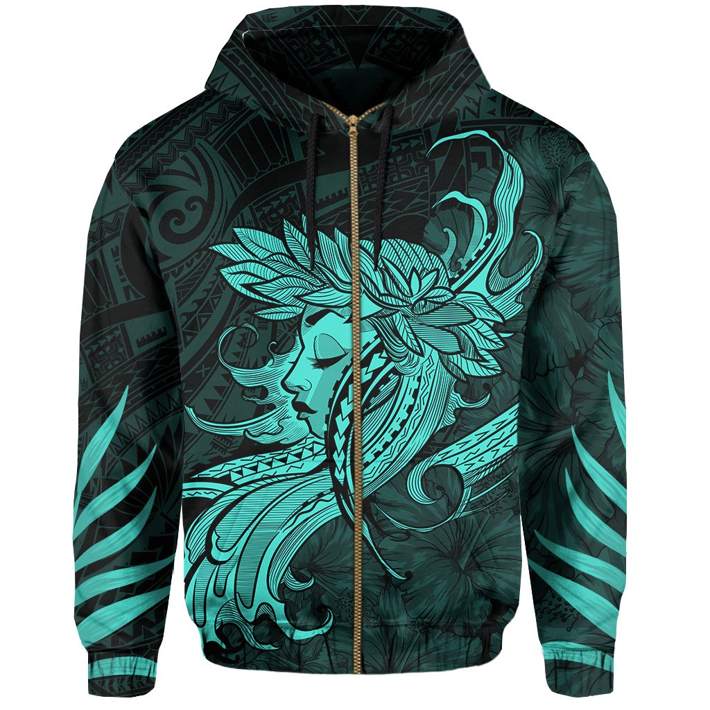 Polynesian Tropic Hula Girl Hibiscus Hawaii Zip Hoodie Turquoise