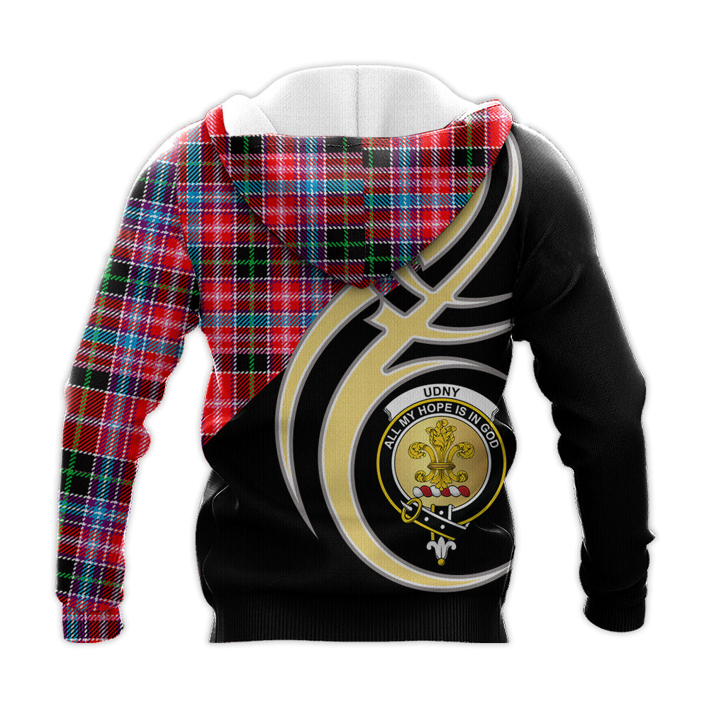 Printivon Udny Clan Believe In Me Crest Tartan Knitted Hoodie Custom Your Text