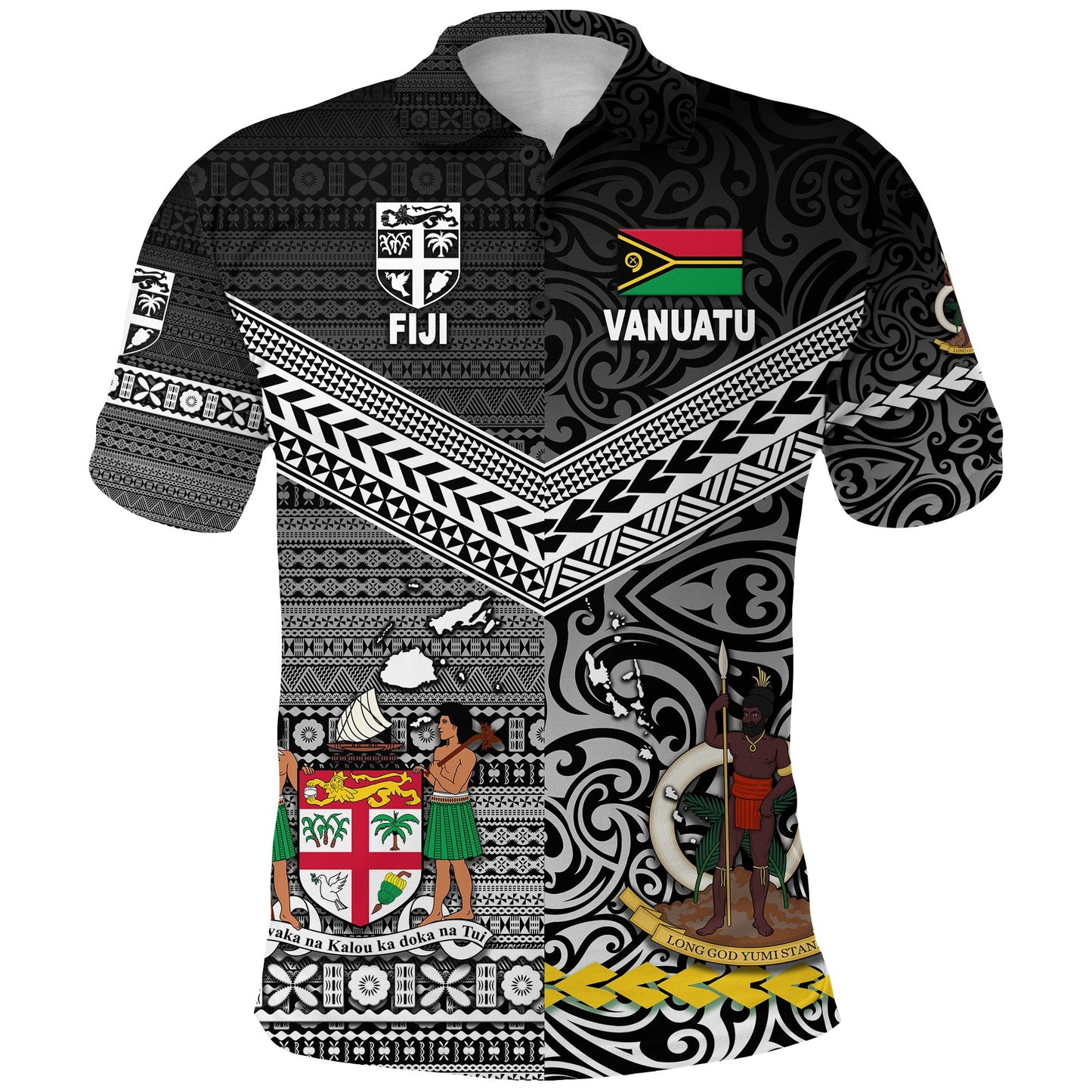 Custom Personalised Vanuatu And Fiji Polo Shirt Together - Black, Custom Text And Number